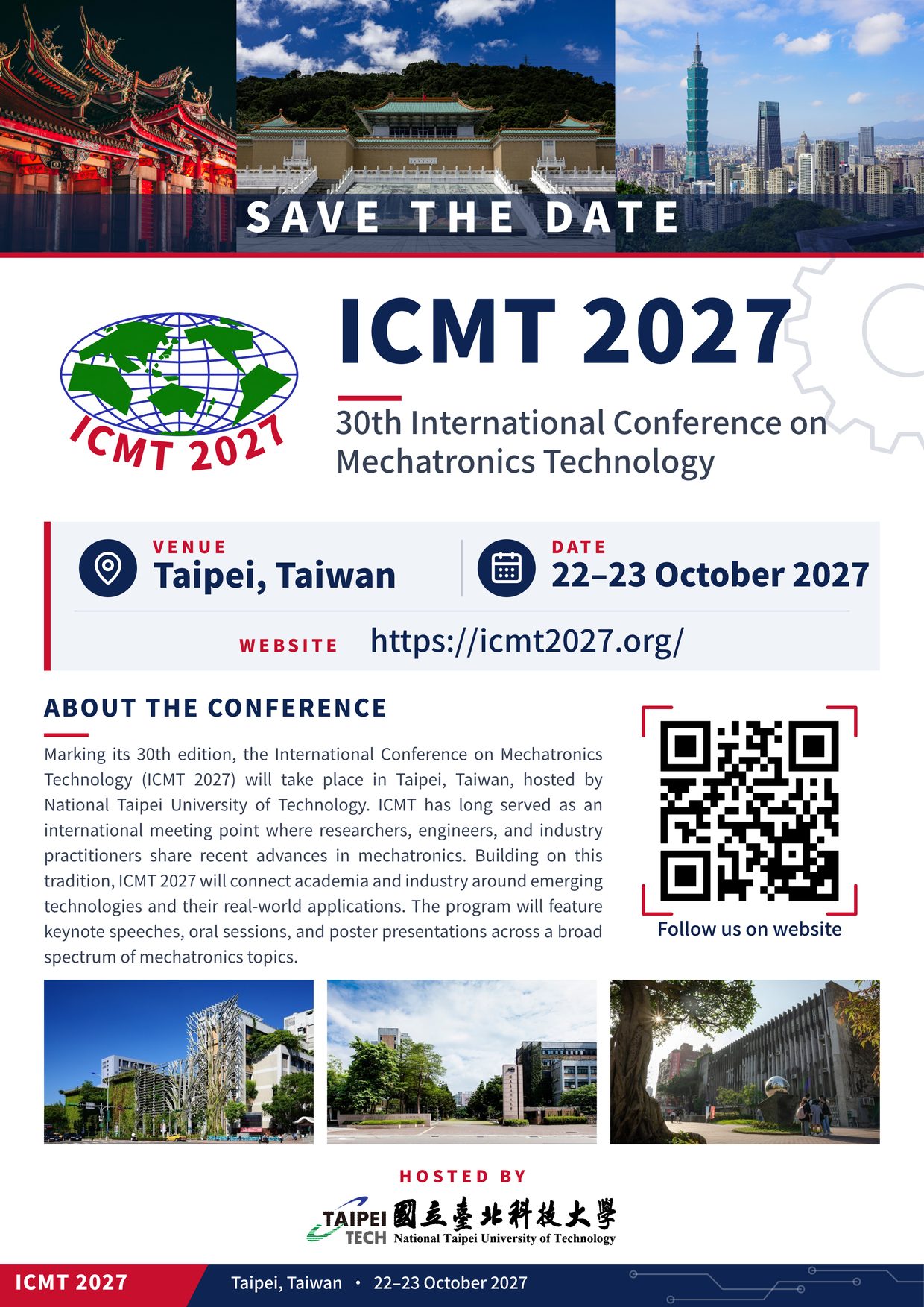 ICMT 2027 Call for Papers flyer: 30th International Conference on Mechatronics Technology, 22–23 October 2027, Taipei, Taiwan, hosted by National Taipei University of Technology. Website https://icmt2027.org/
